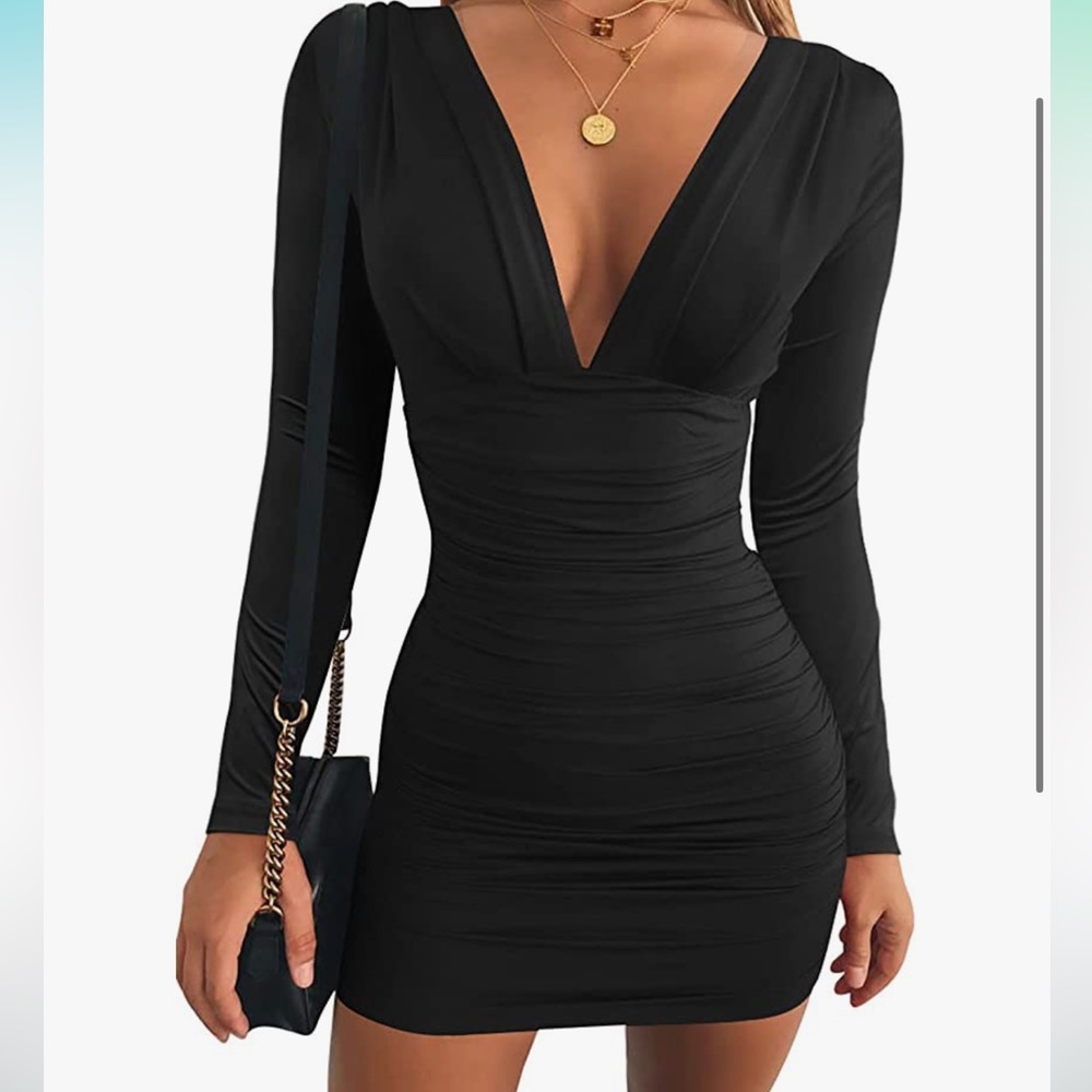 Long-sleeve V Neck Black Cocktail Dress